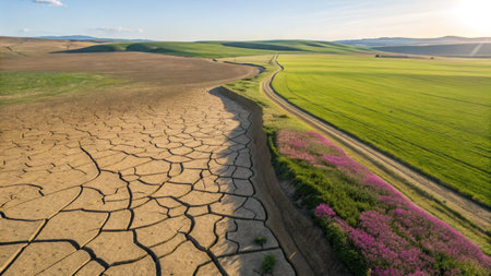 Aerial view reveals vast landscape where intense drought affects cracked earth, while adjacent...
