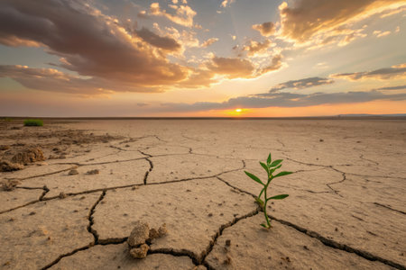 An aerial view of a vast desert landscape showcases cracked dry earth under a colorful sunset.の写真素材