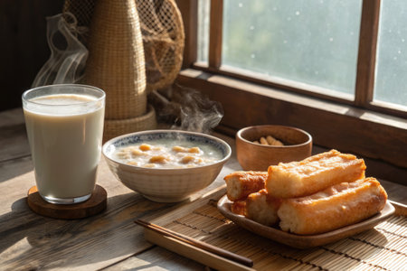 A delightful traditional breakfast spread showcases steaming soy milk, congee, and crispy youtiao by a sunlit window. This meal highlights the comforting flavors of Chinese cuisine.の写真素材