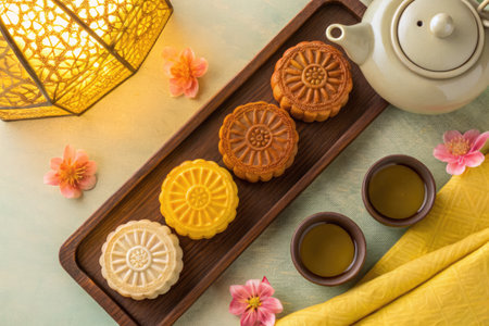 Delicate mooncakes of various colors are elegantly displayed on a wooden tray with a teapot and cups nearby.の写真素材