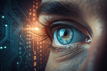 A detailed view of a human eye showcases the vibrant blue iris, while digital circuits and binary...