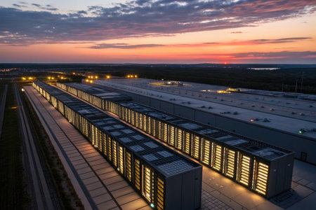 A data center complex under a vibrant sunset sky showcases rows of illuminated structures.