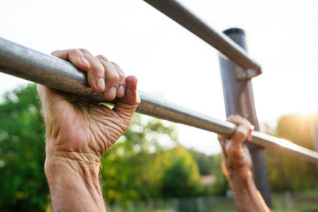 An elderly man is gripping a bar tightly while exercising outdoors in a park. The warm sunlight bathes the scene, highlighting his determination and commitment to fitness.の写真素材