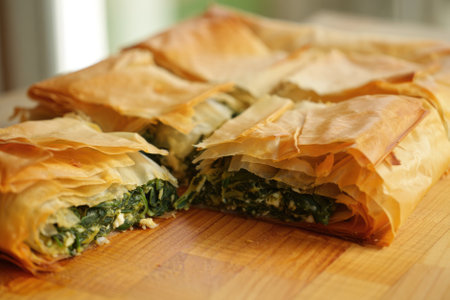 Warm spanakopita sits on a wooden cutting board, its golden brown layers inviting. Fresh spinach and feta cheese create a delicious filling, perfect for Mediterranean cuisine lovers.の写真素材