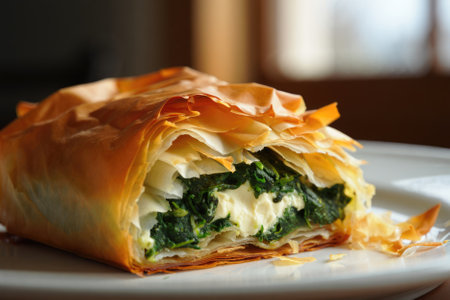 A delicious spinach pie made with layers of crispy phyllo dough showcases fresh spinach and creamy filling. This Mediterranean dish is plated beautifully in a warm, inviting space.の写真素材