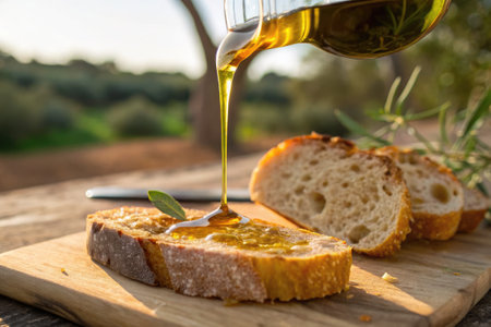 A slice of fresh artisan bread is topped with a generous drizzle of extra virgin olive oil in a...