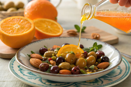 A juicy orange is being freshly squeezed over a colorful plate filled with olives, almonds, and herbs, showcasing a delightful Mediterranean culinary experience.の写真素材