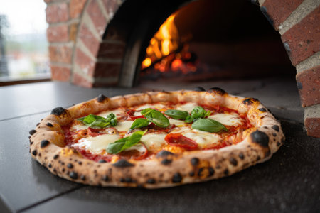 A freshly baked wood fired pizza emerges from a rustic oven, showcasing a golden crust topped with vibrant red sauce, melted cheese, and aromatic basil leaves.の写真素材