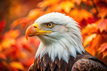 A majestic bald eagle stands proud with its sharp gaze, surrounded by brilliant orange and red leaves.の写真素材