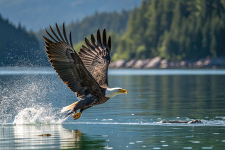 A majestic bald eagle dives into a crystal clear lake, capturing a fish in its talons.