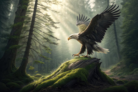 With wings outstretched, a bald eagle elegantly descends onto a weathered log in a serene forest. Sunbeams filter through the trees, illuminating its powerful presence amidst lush greenery.の写真素材