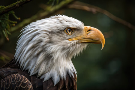 A stunning close up of a bald eagle reveals its intense gaze and striking plumage. This regal bird, perched among lush greenery, captures the essence of American wilderness at dusk.の写真素材