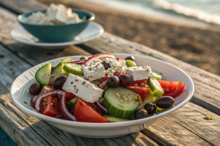 A vibrant Greek salad showcases fresh ingredients including feta cheese, black olives, cucumbers, and sliced tomatoes, enjoyed on a wooden table beside the beach during sunset.の写真素材
