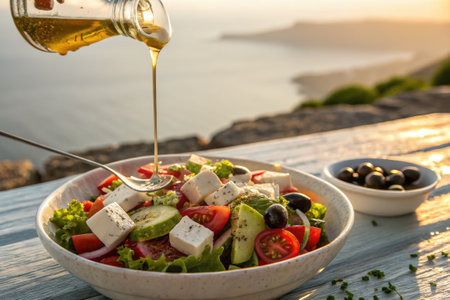 Fresh vegetables including tomatoes, cucumbers, and olives are beautifully arranged on a plate. As the sun sets, olive oil is skillfully drizzled over the salad, enhancing its colors and flavors.の写真素材