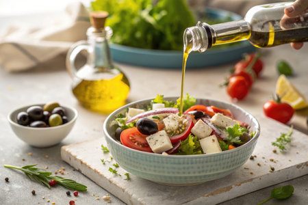 Fresh tomatoes and lettuce mix with feta cheese and olives in a Greek salad, drizzled with olive oil, enhancing its flavors in a bright, sunlit kitchen.の写真素材