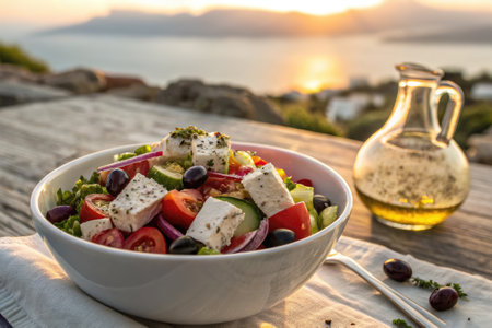 A vibrant greek salad featuring fresh tomatoes, cucumbers, olives, and feta cheese is elegantly prepared. Oregano seasoning adds flavor as the sun sets over the serene coastal landscape.の写真素材