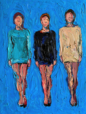 Three stylish figures stand side by side against a vibrant blue backdrop, showcasing different colored dresses. This artwork emphasizes individual expression and unity through color.の写真素材