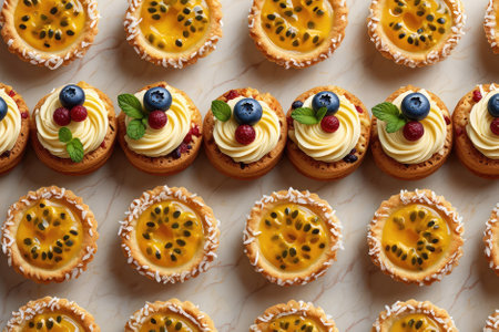 A vibrant assortment of miniature fruit tarts and cream topped pastries is displayed on a marble table. Each treat is adorned with fresh berries and mint leaves, creating an enticing look.の写真素材