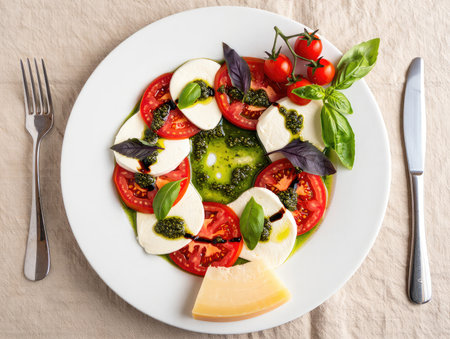 This dish features layers of ripe tomatoes and creamy mozzarella topped with fresh basil and pesto, arranged artfully on a white plate. Cherry tomatoes and Parmesan add a colorful touch.の写真素材