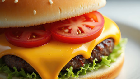 A delicious cheeseburger features a thick, juicy patty topped with melted cheese, fresh tomato slices, and crisp lettuce, all nestled in a soft sesame seed bun, creating a mouthwatering delight.