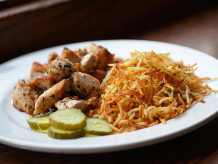 A plate holds tender grilled chicken pieces paired with golden crispy hashbrowns and garnished with pickles. The setting appears cozy and inviting, perfect for a meal.の写真素材
