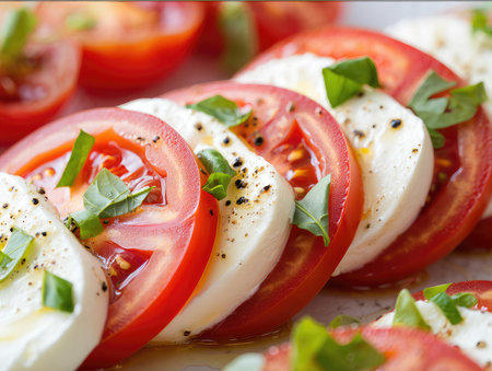 Sliced tomatoes and mozzarella are arranged beautifully, garnished with fresh basil and drizzled with olive oil. This colorful salad showcases vibrant ingredients perfect for a summer dish.の写真素材