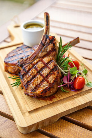 Two perfectly grilled pork chops are displayed on a wooden platter. Accompanied by a vibrant salad and a small bowl of sauce, this meal evokes a sense of appetizing enjoyment.の写真素材