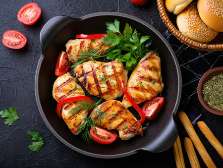 Tender grilled chicken breasts are garnished with fresh parsley and tomato slices. Accompanying the dish are sesame seed buns and herbs, creating an appetizing meal setting.の写真素材