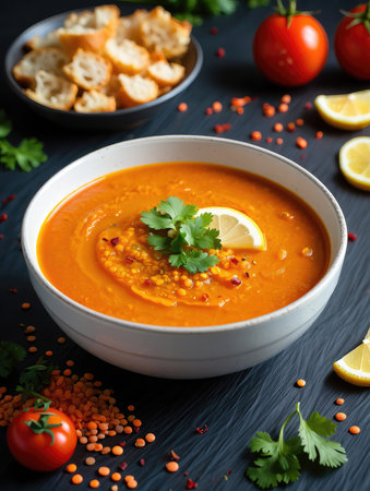 A bowl of vibrant lentil soup is garnished with a lemon slice and cilantro. Fresh tomatoes and bread accompany the dish, arranged artfully on a dark wooden table.の写真素材