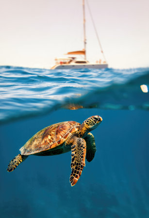 A vibrant sea turtle glides through the turquoise waters, with a sailing boat visible in the background. The scene captures the beauty of marine life and nature in perfect harmony.の写真素材