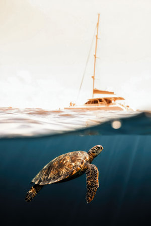 A sea turtle glides effortlessly beneath the surface, while a sailboat floats above in the bright daylight. The water is clear, showcasing the serene aquatic environment.の写真素材