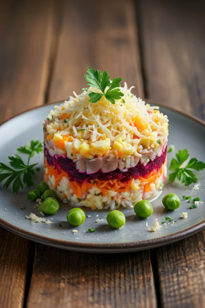 A vibrant layered salad features colorful ingredients, including carrots, peas, and beetroots, arranged in an artistic manner. The dish is garnished with fresh herbs and grated cheese.の写真素材