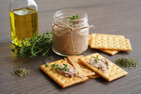 Savory spread made from blended ingredients sits in a jar next to crackers and fresh herbs. Olive oil is also present, completing the rustic presentation on a wooden table.の写真素材
