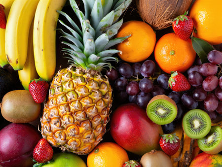 A vibrant assortment of tropical fruits is arranged in a colorful setting. Featured are bananas,...