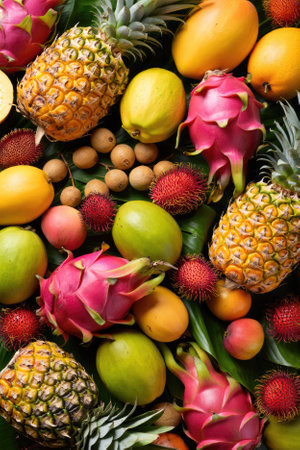 A colorful collection of tropical fruits includes pineapples, dragon fruits, and mangoes arranged on...