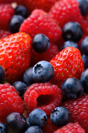 A colorful assortment of fresh strawberries and blueberries is gathered together. The juicy berries...