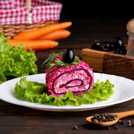 A colorful roll of beetroot and cream cheese is artfully presented on a white plate, surrounded by fresh lettuce. Black olives and herbs add a vibrant touch, creating an appetizing display.の写真素材