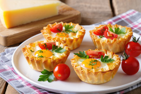 Four baked egg tarts are arranged on a white plate, garnished with tomatoes and parsley. A wooden...