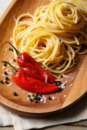 Twirls of pasta sit elegantly on a wooden plate, accompanied by two vibrant red chili peppers and a sprinkle of coarse salt and black pepper, creating a tempting presentation.の写真素材