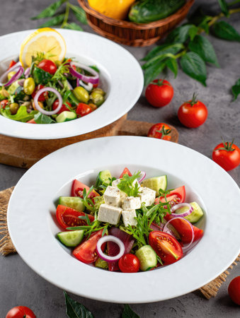 Two colorful salads featuring fresh tomatoes, cucumbers, red onions, and feta cheese served in white bowls. A lemon slice decorates one salad, enhancing the presentation.の写真素材