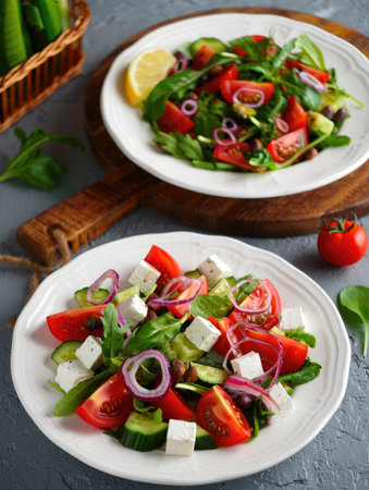 Two plates of fresh salad are presented.の写真素材