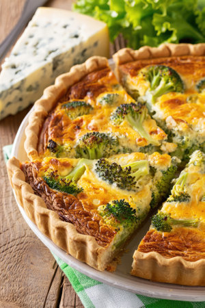 A delicious broccoli quiche sits on a wooden table, showcasing a golden crust and vibrant green broccoli. Nearby, a wedge of blue cheese adds a touch of gourmet flair, accompanied by fresh greens.の写真素材