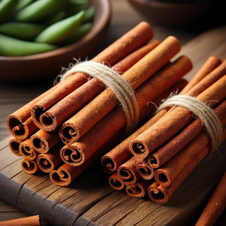 Cinnamon sticks are neatly bundled and tied with twine, placed on a rustic wooden table. In the...
