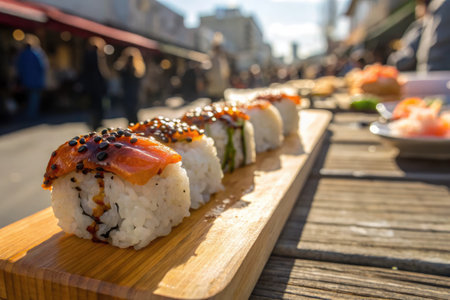 Fresh sushi rolls rest on a wooden board, adorned with a delicate drizzle of soy sauce. The bustling market atmosphere enhances this culinary experience, inviting food lovers to indulge.の写真素材