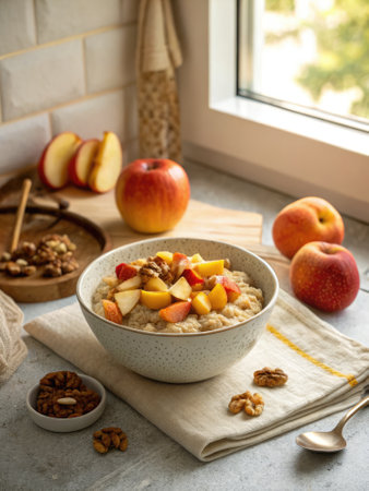 A comforting bowl of oatmeal is topped with finely chopped apples and walnuts. The cozy kitchen features natural light streaming through the window, highlighting the healthy dish.の写真素材