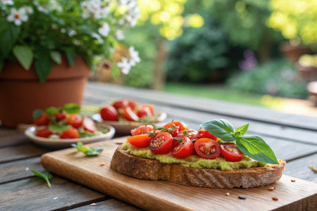 Close up of a rustic avocado toast garnished with sliced cherry tomatoes and fresh basil on a wooden board. Background features a garden with blooming flowers, creating a vibrant atmosphere.の写真素材