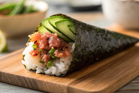 This sushi hand roll features a crispy nori exterior filled with flavorful spicy tuna, fresh cucumber slices, and sticky rice, arranged neatly on a wooden board. Enjoy a taste sensation.の写真素材