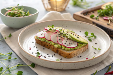 Sliced avocado and radishes rest atop a slice of whole grain bread, elegantly arranged on a neutral...