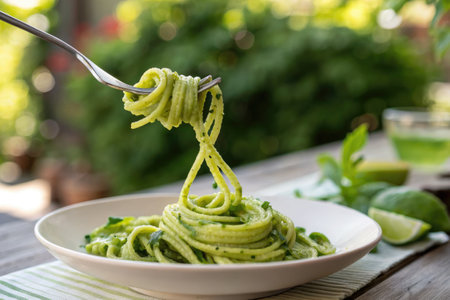Avocado pasta is elegantly twirled on a fork, showcasing a vibrant green color and creamy texture. A...