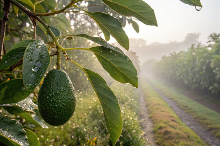 A ripe avocado clings to its branch on a tree, surrounded by vibrant green leaves. The background features a misty landscape with rows of avocado plants in the early morning light.の写真素材